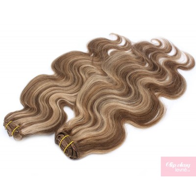 Wellige Clip In Maxi Set 53 cm Remy 100% Menschenhaar - dunkle Strähnchen