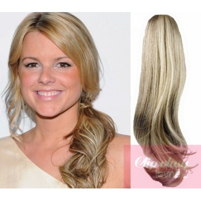 Clip-Pferdeschwanz/Zopf aus 100% Remy-Menschenhaar, 60 cm, wellig - platinum/hellbraun